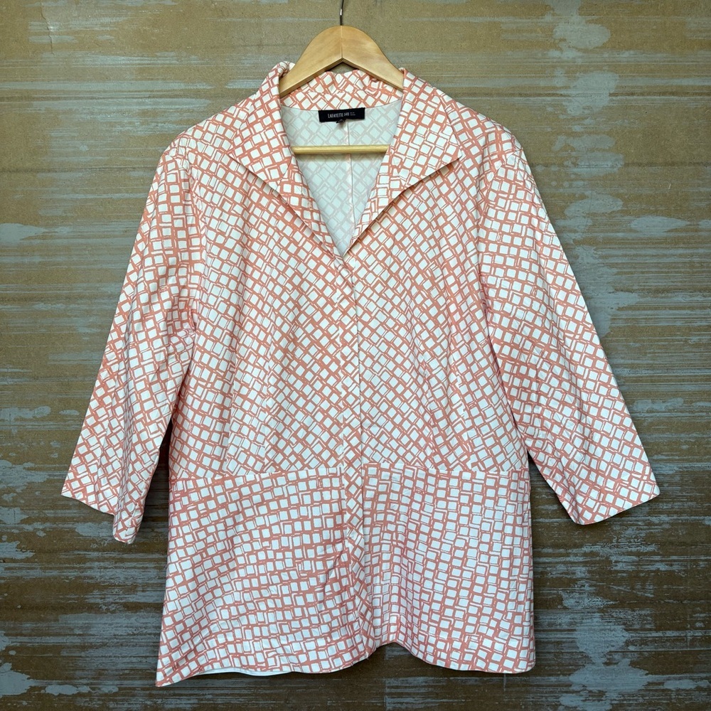 Lafayette 148 Leigh Ruched Button Down Top Geometric Print Career Plus Womens 18